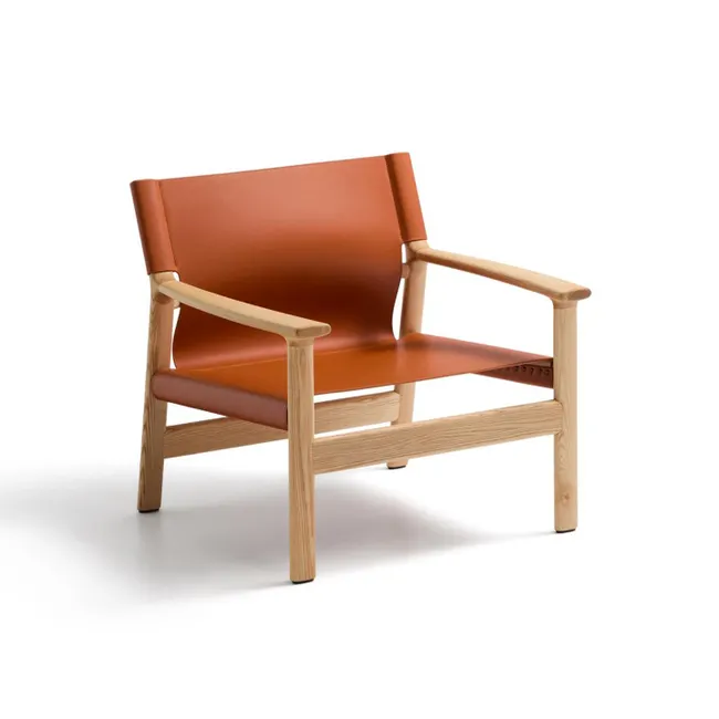 Fauteuil JAN - Oranje leder / Massief eikenhout