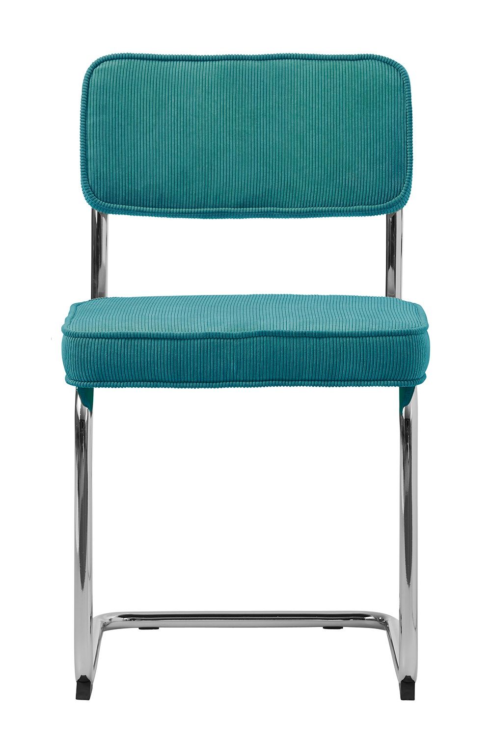 Eetkamerstoel RUPERT met blauwe ribstof bekleding en chromen frame.