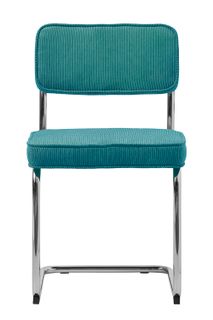Eetkamerstoel RUPERT met blauwe ribstof bekleding en chromen frame.