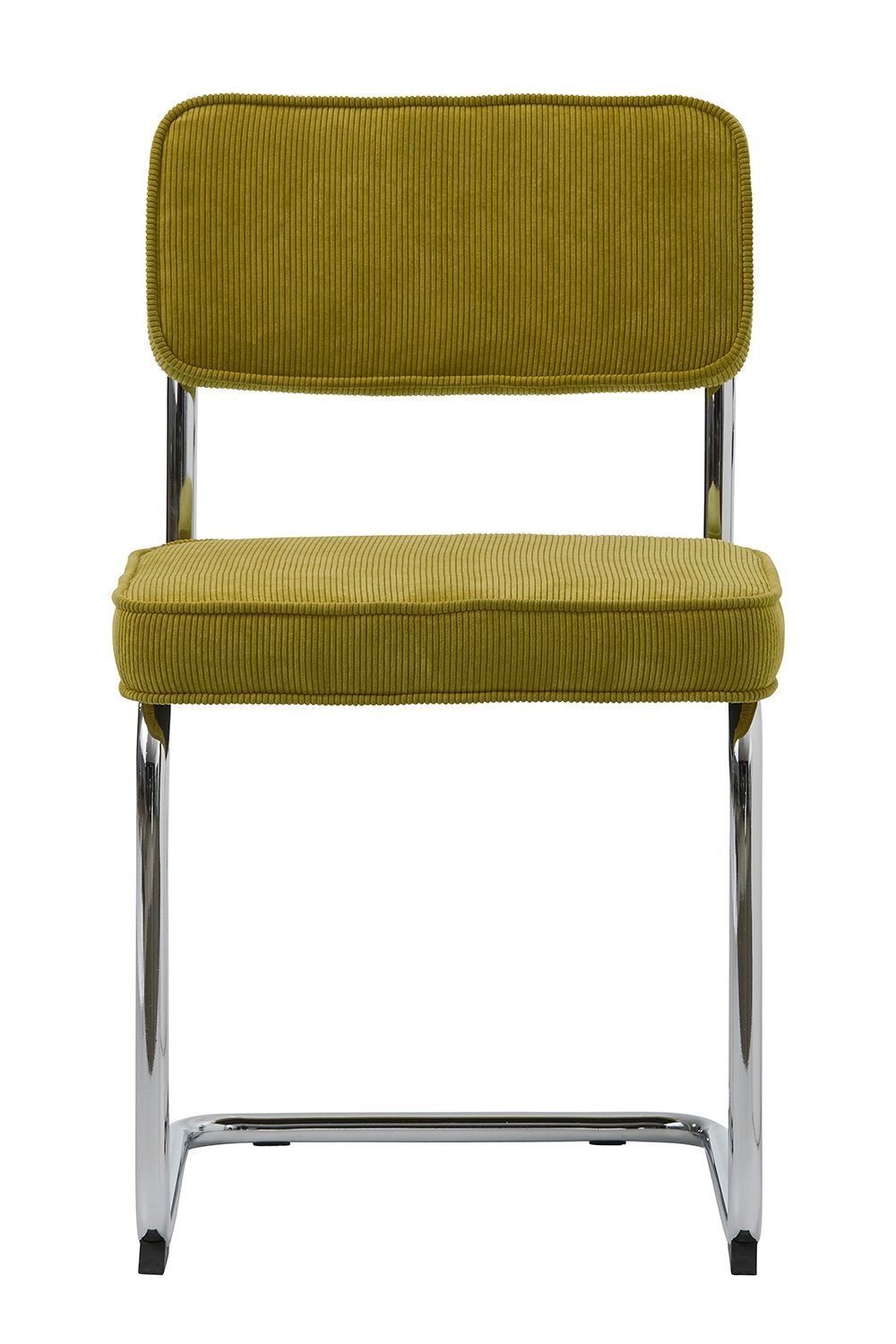 Eetkamerstoel RUPERT met olijfgroene ribfluweel bekleding en chromen frame.