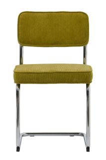 Eetkamerstoel RUPERT met olijfgroene ribfluweel bekleding en chromen frame.