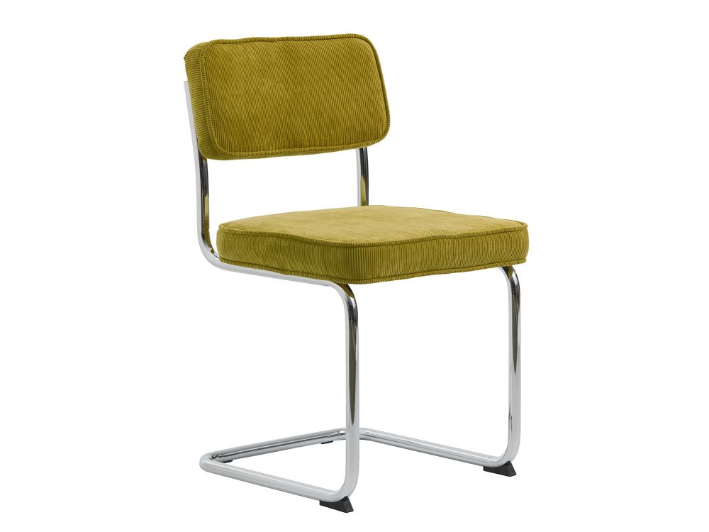 Gele stoel van ribstof met chromen buisframe.