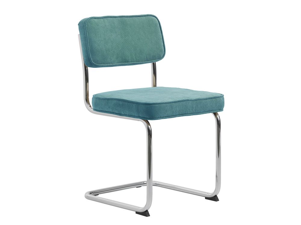 Stoel met chromen frame, zitting en rugleuning van blauwgroene velours stof.