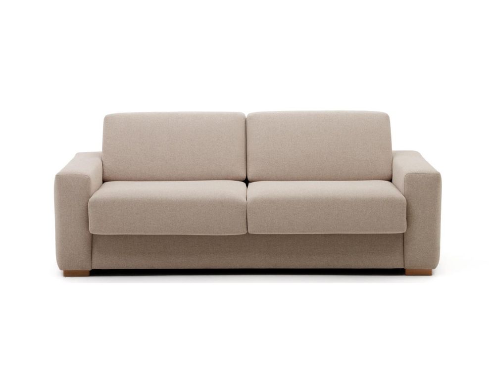 2-zits zetelbed, beige stof met houten poten.