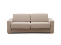2-zits zetelbed, beige stof met houten poten.