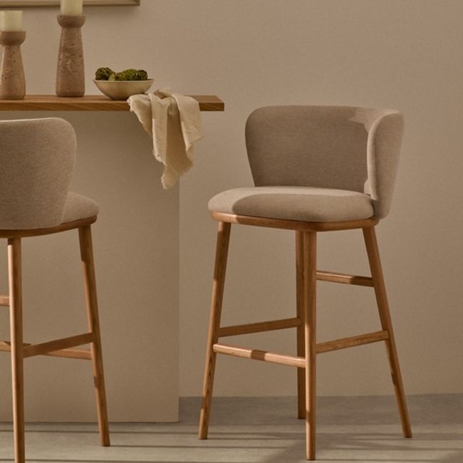 Barstoel CISELIA - Beige chenille / Essenhout