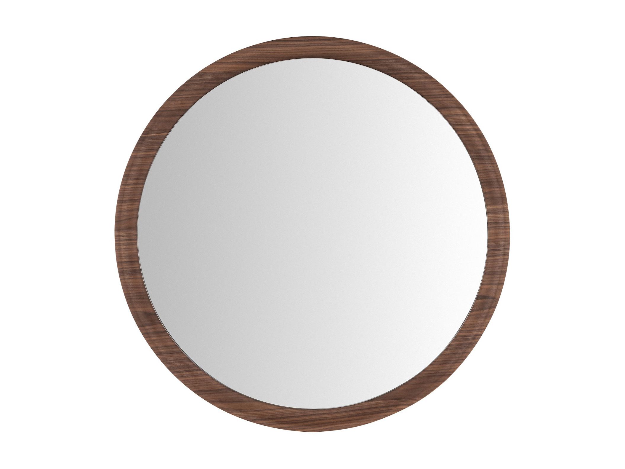 Ronde spiegel met donkerbruine walnoothouten lijst.