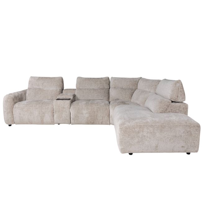 Hoekzetel ALTERO in turtledove stof, met geïntegreerde bekerhouder en chaise longue.