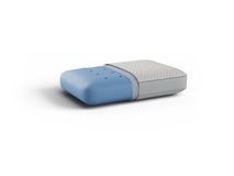 Blauw gel memory kussen met geventileerde gaten en grijze gebreide hoes.