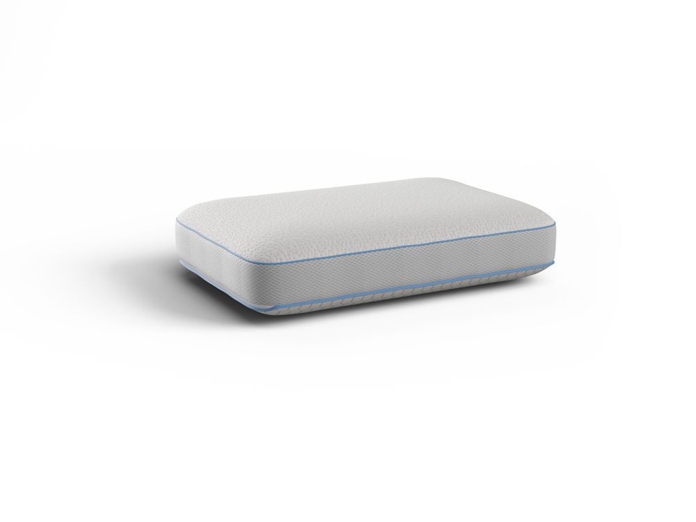 Wit Gel Memory foam kussen met blauwe bies.