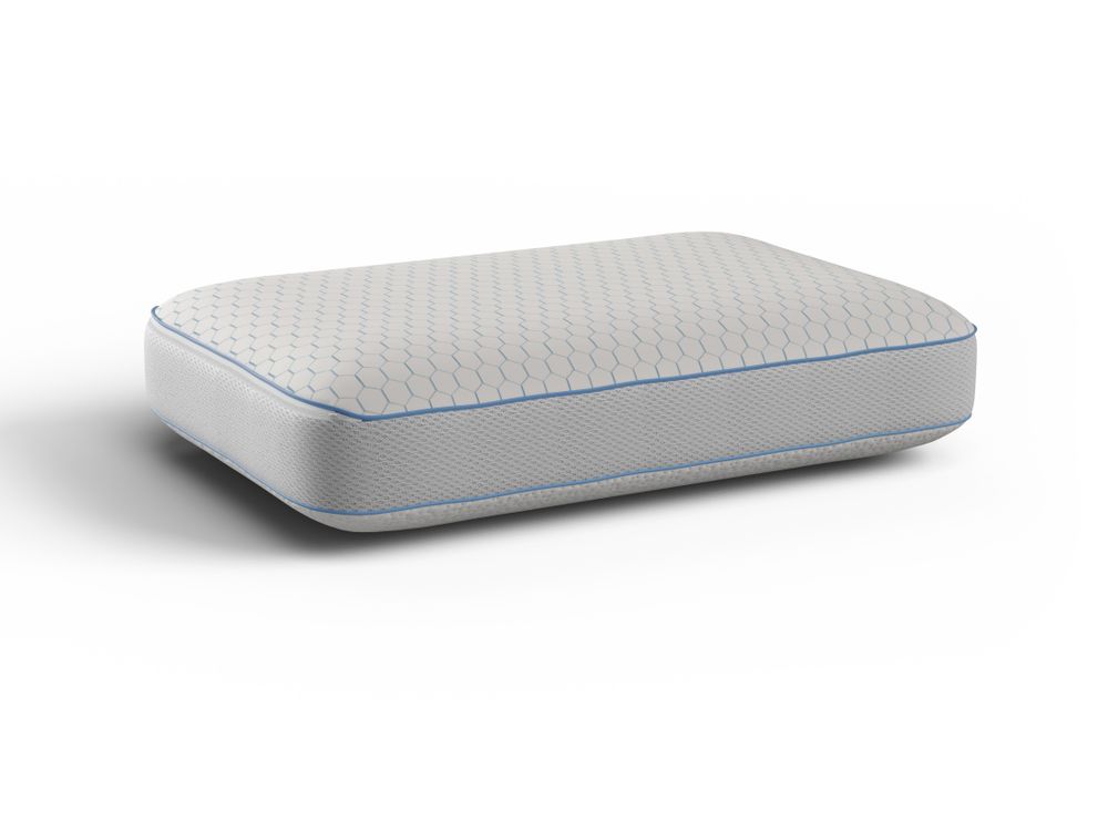 Wit Gel Memory kussen SNOW met blauwe bies.