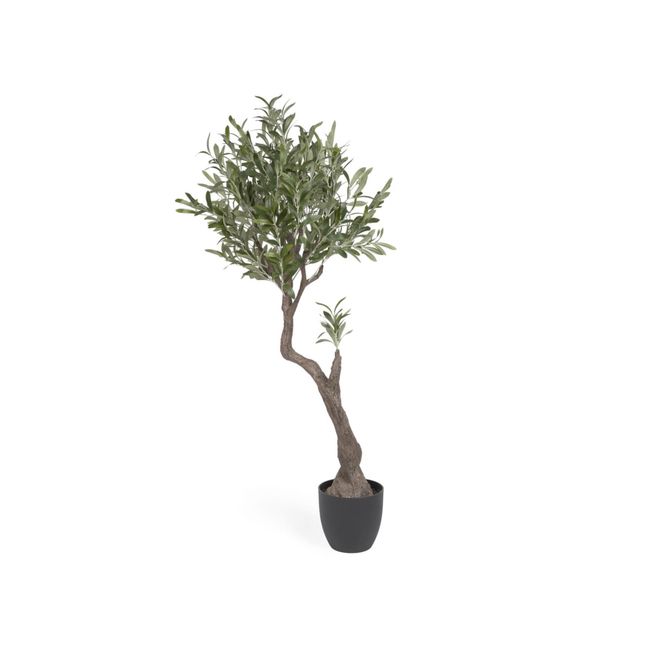 Kunstmatige olijfboom OLIVO in kunststof: groene bladeren aan kronkelende bruine stam in zwarte pot.