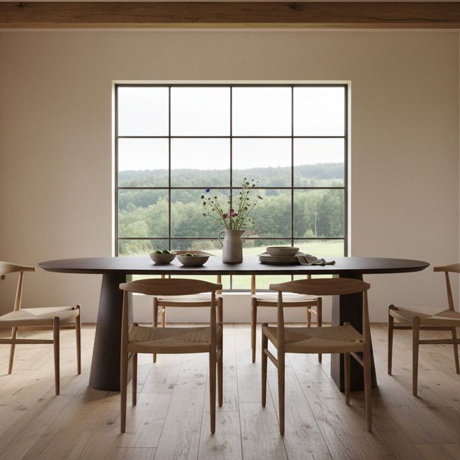 Eetkamertafel TRENTON in donker eikenfineer met vier lichte houten stoelen in minimalistische ruimte.