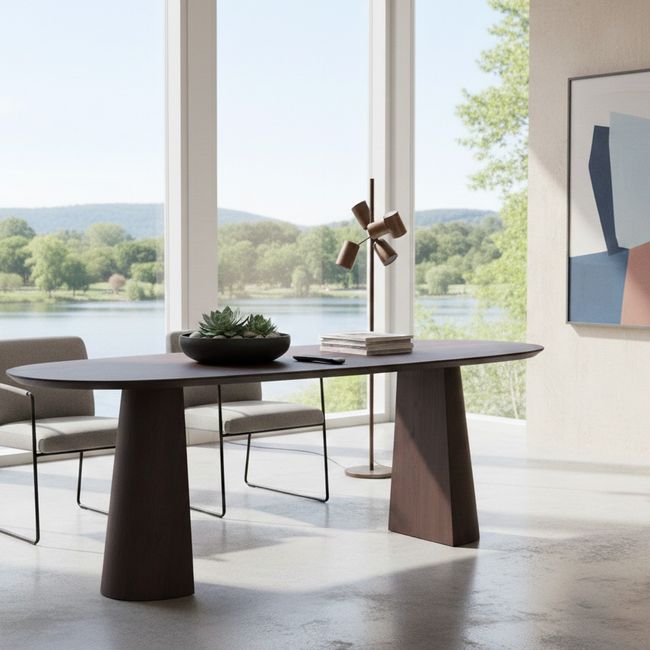 Ovale donkerbruine eettafel met twee pilaren als onderstel en twee stoelen in een ruimte met grote ramen.