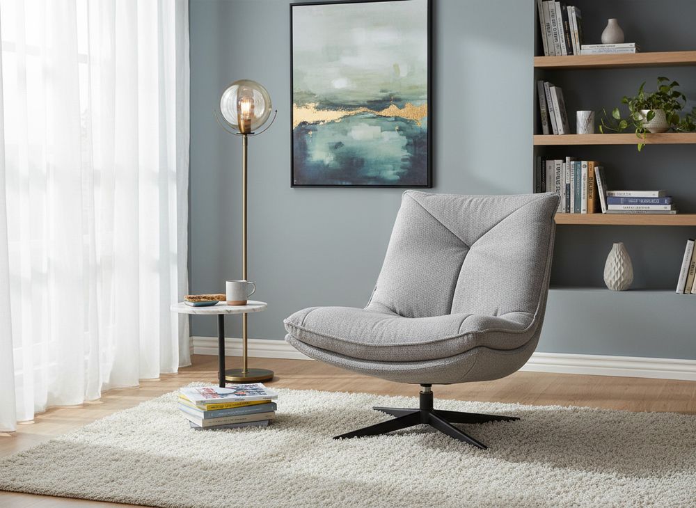 Draaifauteuil in grijs textiel met een zwart metalen kruisvoet.