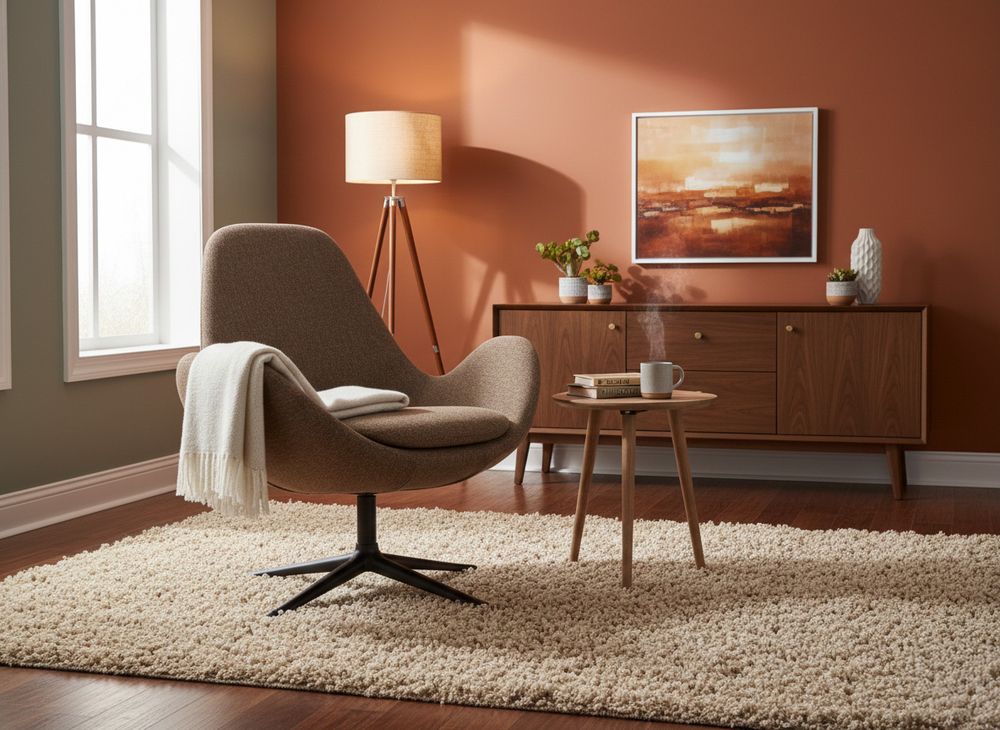 Lage fauteuil Ghost, bekleed met bruin grijsbruin stof op een zwart onderstel.