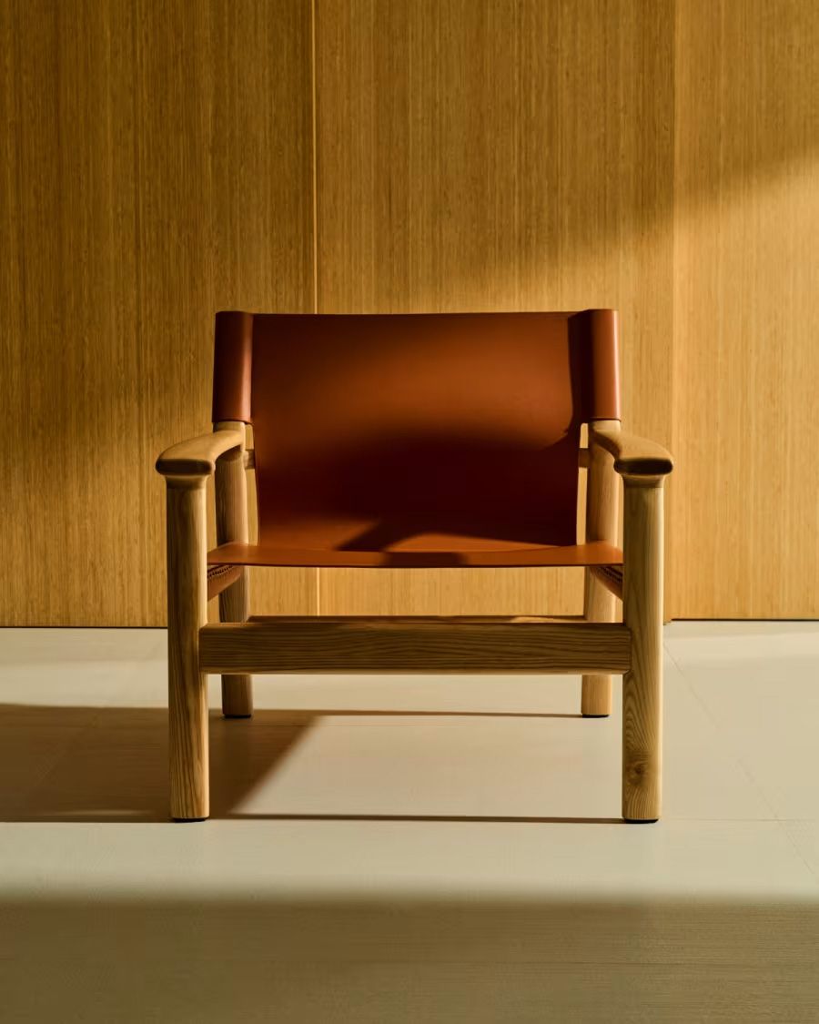 Fauteuil JAN - Oranje leder / Massief eikenhout