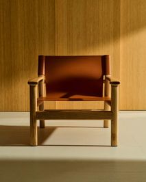 Fauteuil JAN - Oranje leder / Massief eikenhout KAV C00128LE13