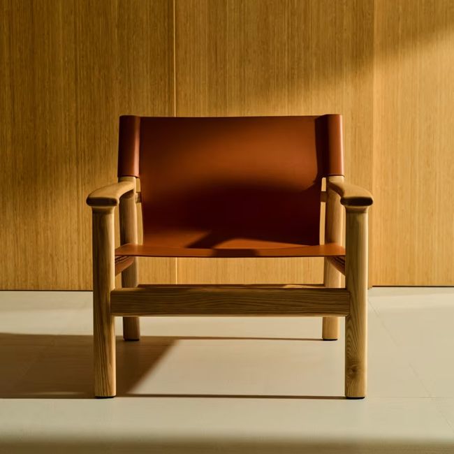 Fauteuil JAN - Oranje leder / Massief eikenhout