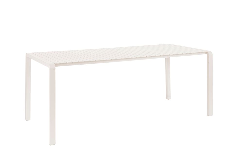 Vondel tuintafel van claykleurig aluminium met lattenblad, 214 cm lang.