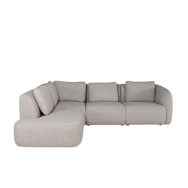Hoekzetel CLOUD, lichtgrijs bouclé stof, links lange chaise longue, drie zitplaatsen.