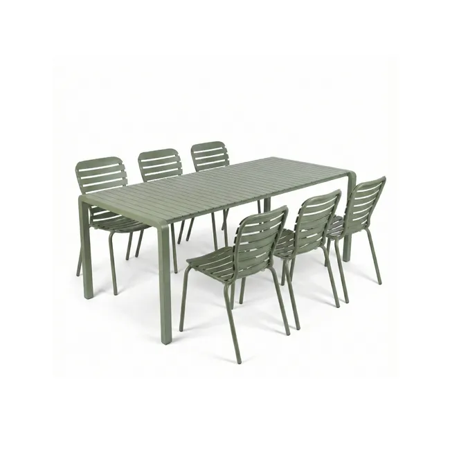 Groen aluminium tuinset Vondel met een rechthoekige tafel en zes stoelen.