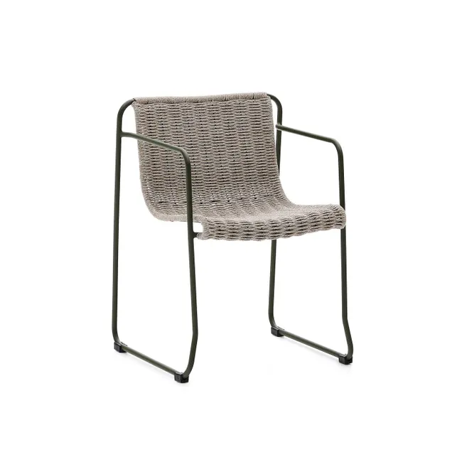 Tuinstoel MAURINA beige met geweven vlechtwerk zitting en metalen frame.