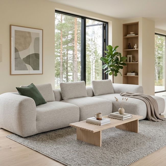 Hoekzetel MYOTIS, grijs bouclé stof, met groene sierkussen en plaid.