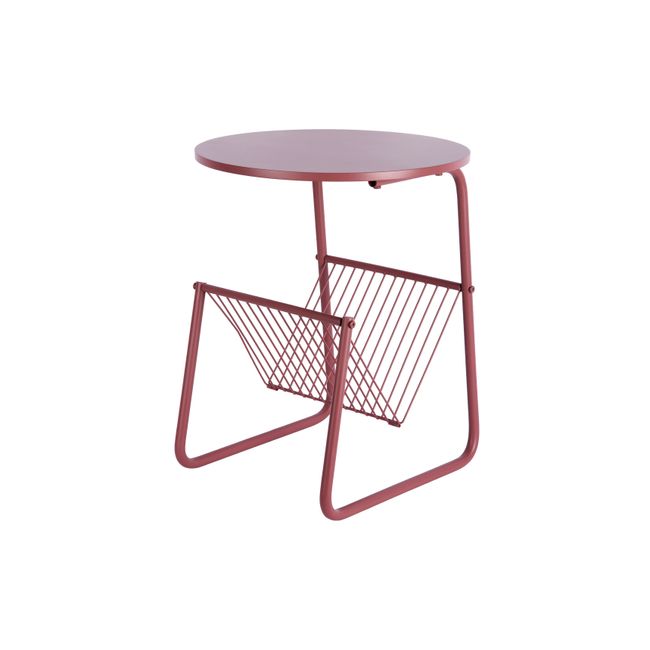 Rood metalen bijzettafel met rond blad en geïntegreerd tijdschriftenrekje.