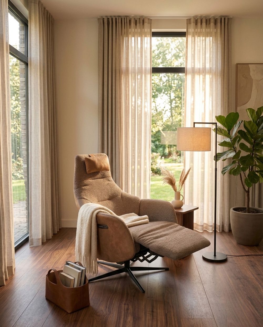Elektrische relaxfauteuil in beige teddy stof met caramel lederen zijkanten.