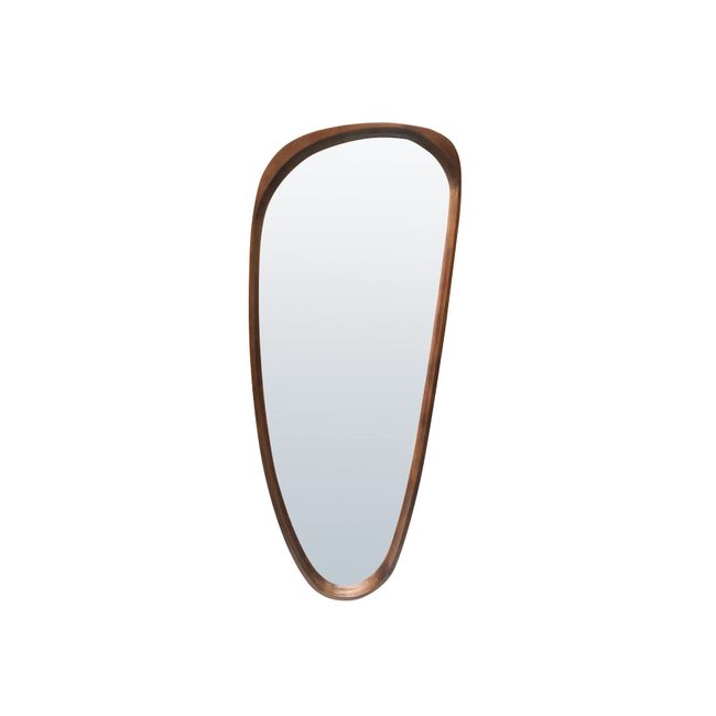 EGG SLOPE spiegel, onregelmatig gevormd, met een zwarte metalen lijst.