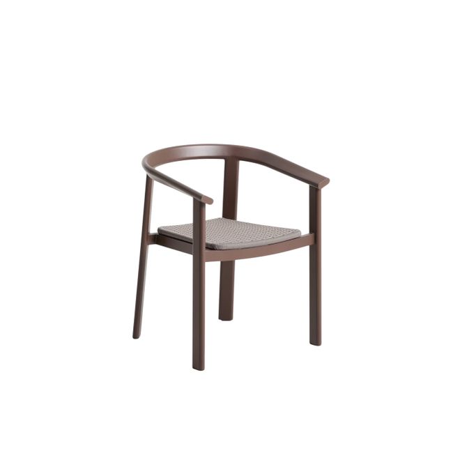 Tuinstoel ERICE bruin van aluminium met een grijs kussen.