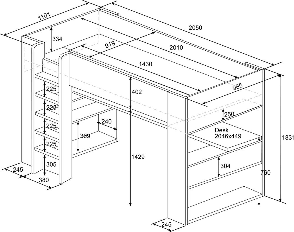 Hoogslaper met bureau BO5 - Antraciet TRA-5-000001