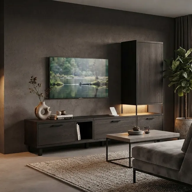 Tv-meubel RIDGEFIELD - Antraciet / Massief eikenho