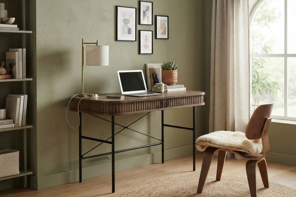 bureau van licht eikenhout met zwarte metalen poten in een mooie ruimte