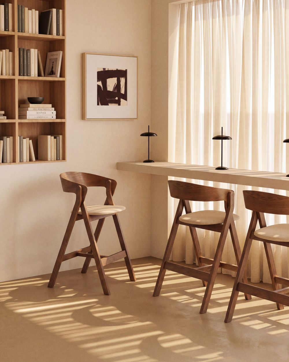 Barstoel GODIA - Walnoot eikenfineer / Beige stof KAV C00506MR10