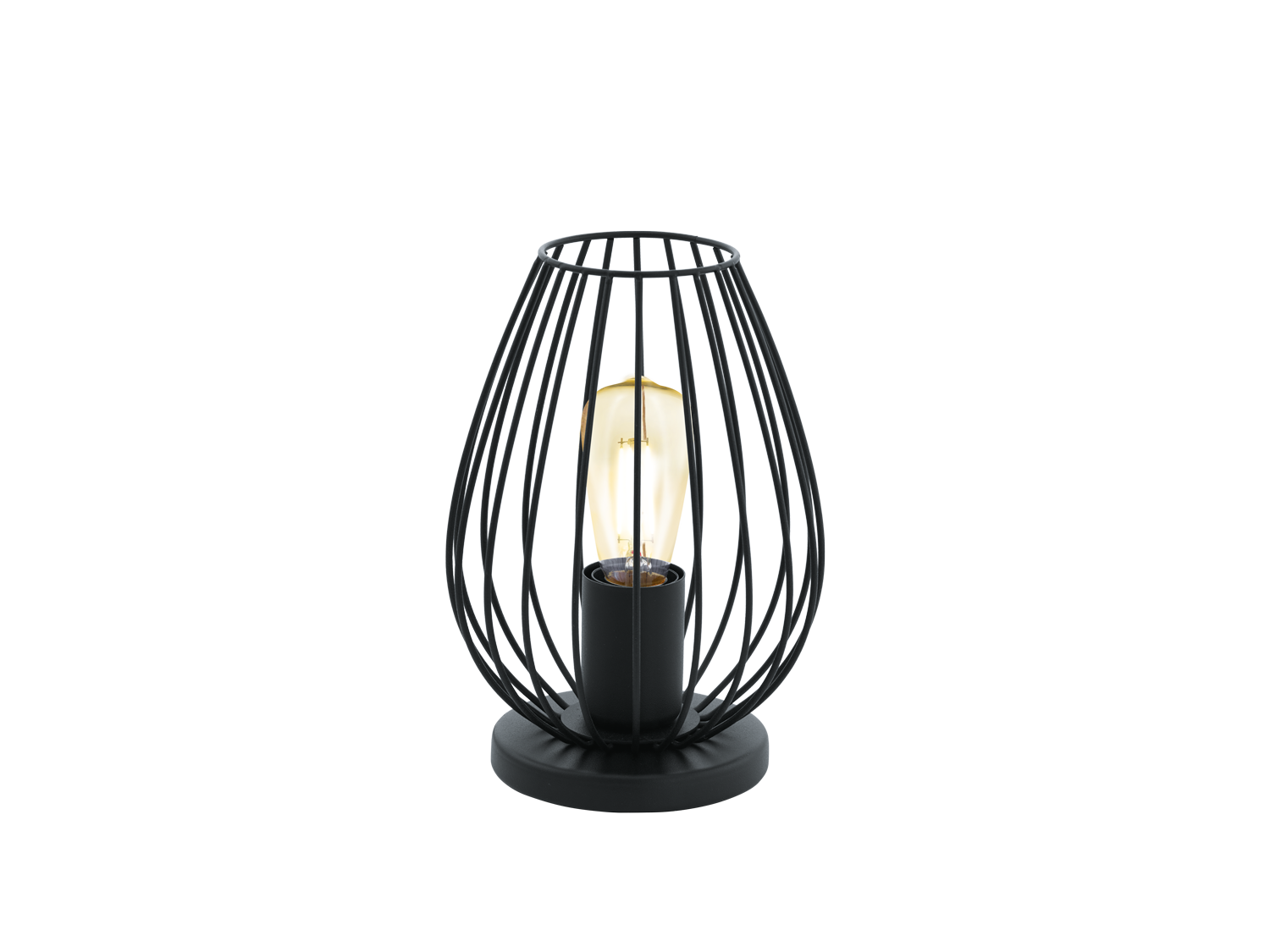 Tafellamp NEWTOWN met zwart metalen korf en zichtbare vintage lamp.