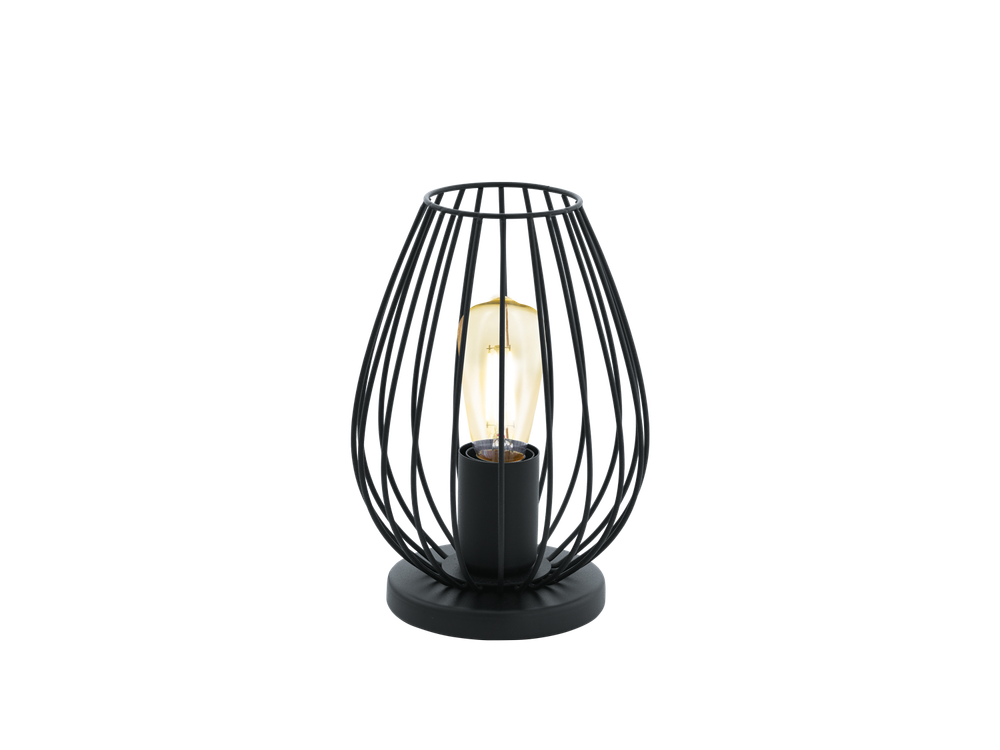 Tafellamp NEWTOWN met zwart metalen korf en zichtbare vintage lamp.