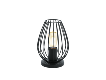 Tafellamp NEWTOWN met zwart metalen korf en zichtbare vintage lamp.