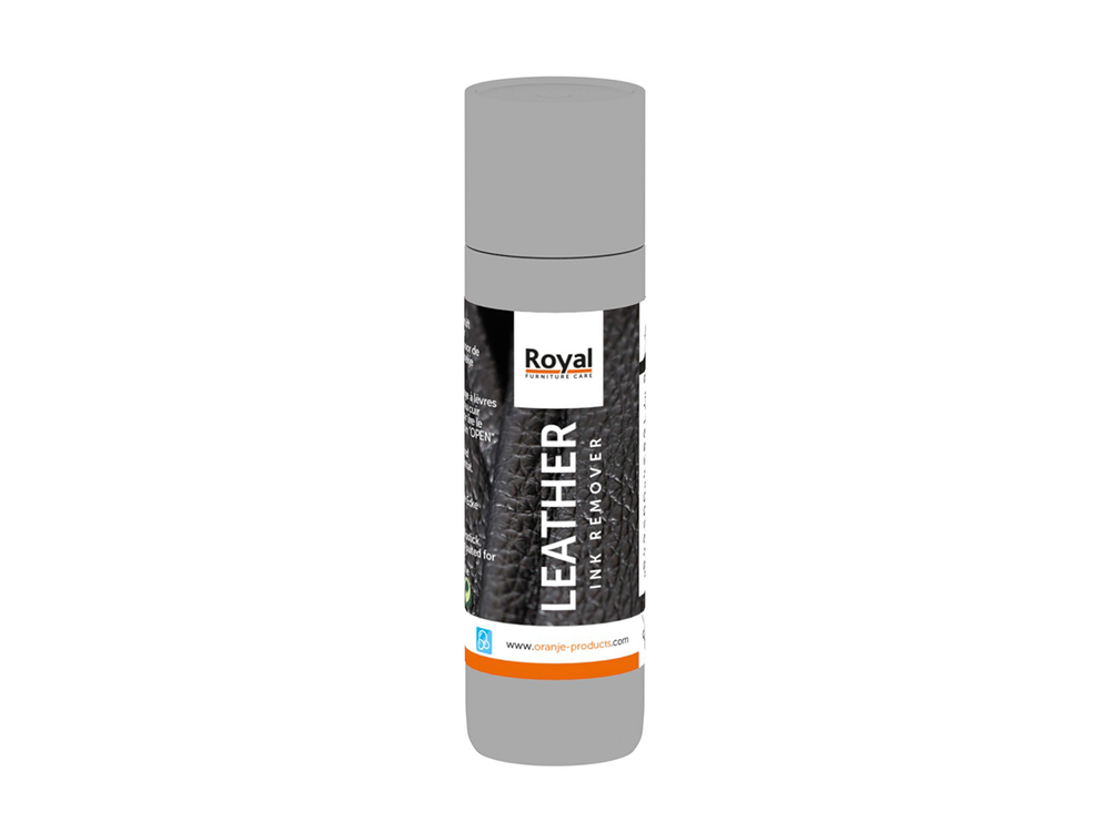 Grijze bus Royal Furniture Care "Leather Ink Remover" met zwarte label.