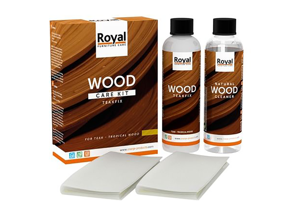 Royal Wood Care Kit Teakfix+Cleaner voor teak- en tropisch hout, inclusief twee doekjes.