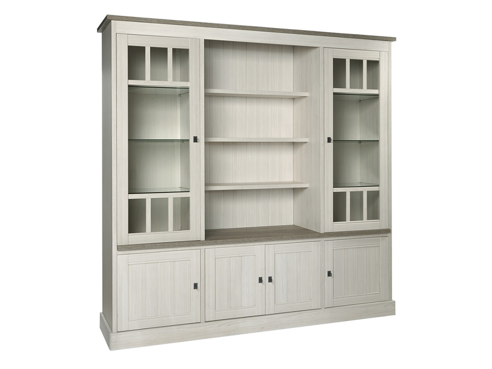 Houten vitrinekast YORK, lariks en Crystal Oak beige, met glazen deuren.