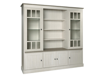 Houten vitrinekast YORK, lariks en Crystal Oak beige, met glazen deuren.
