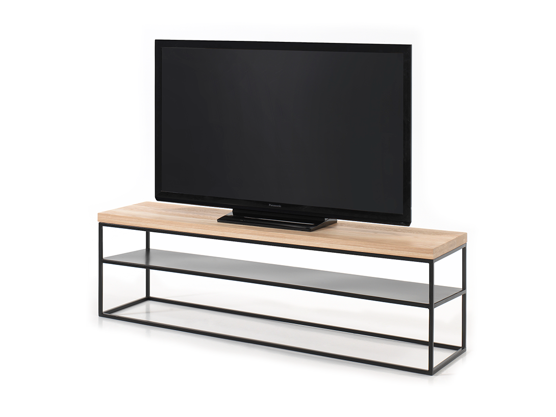 Tv-console GLASGOW Sand van hout en metaal met een televisie erop.