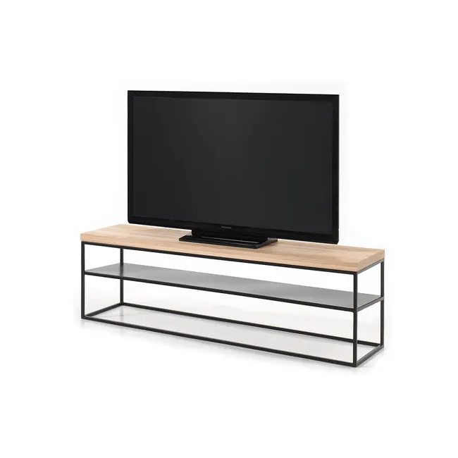 Tv-console GLASGOW Sand van hout en metaal met een televisie erop.