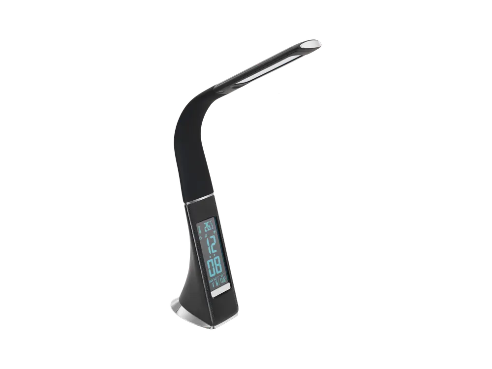 Zwarte kunststof tafellamp/nachtlamp COGNOLI met klok en display, metalen voet en slanke flexibele hals.