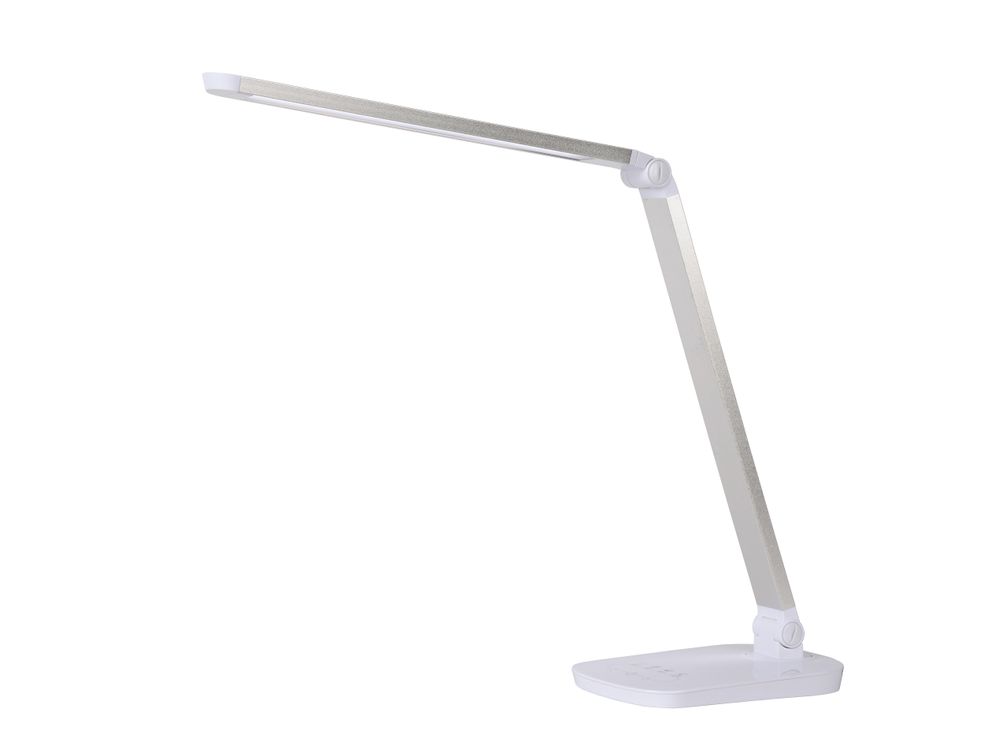 Witte LED bureaulamp van kunststof en metaal, in de vorm van een L met touch-bediening op de voet.