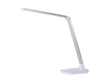 Witte LED bureaulamp van kunststof en metaal, in de vorm van een L met touch-bediening op de voet.