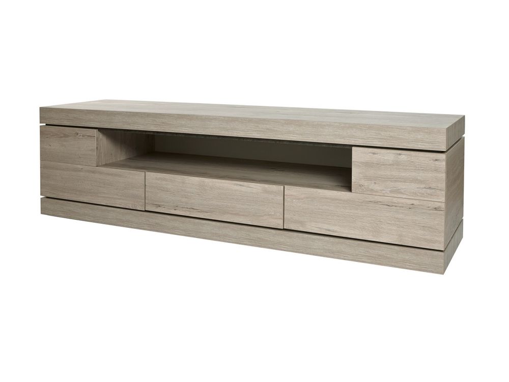 Groot tv-meubel ETNA van lichtgrijs Millenium Oak hout met 3 laden en open vak.