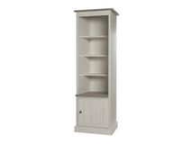 Wandkast YORK van gelamineerd spaanplaat in lariks en Crystal Oak Beige met vier open vakken en een dichte kast.